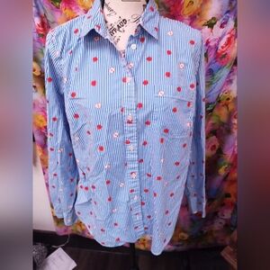 J. Crew Blue Striped Shirt with Red and White Dots